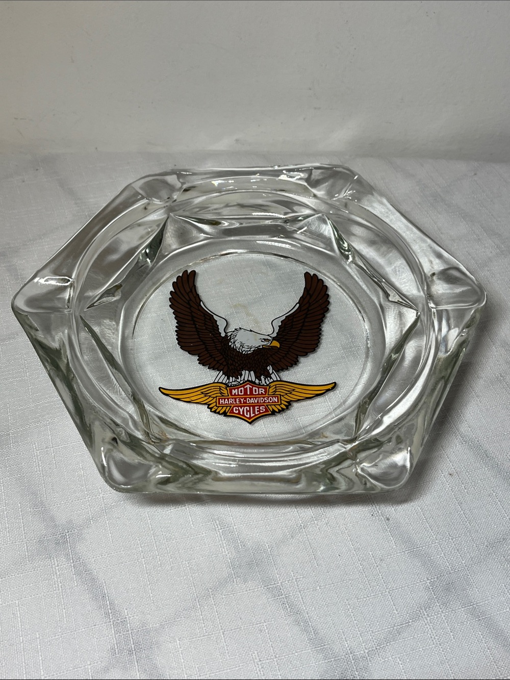 Harley-Davidson Clear Glass Ashtray with Brown Eagle and Gold Logo
Vintage